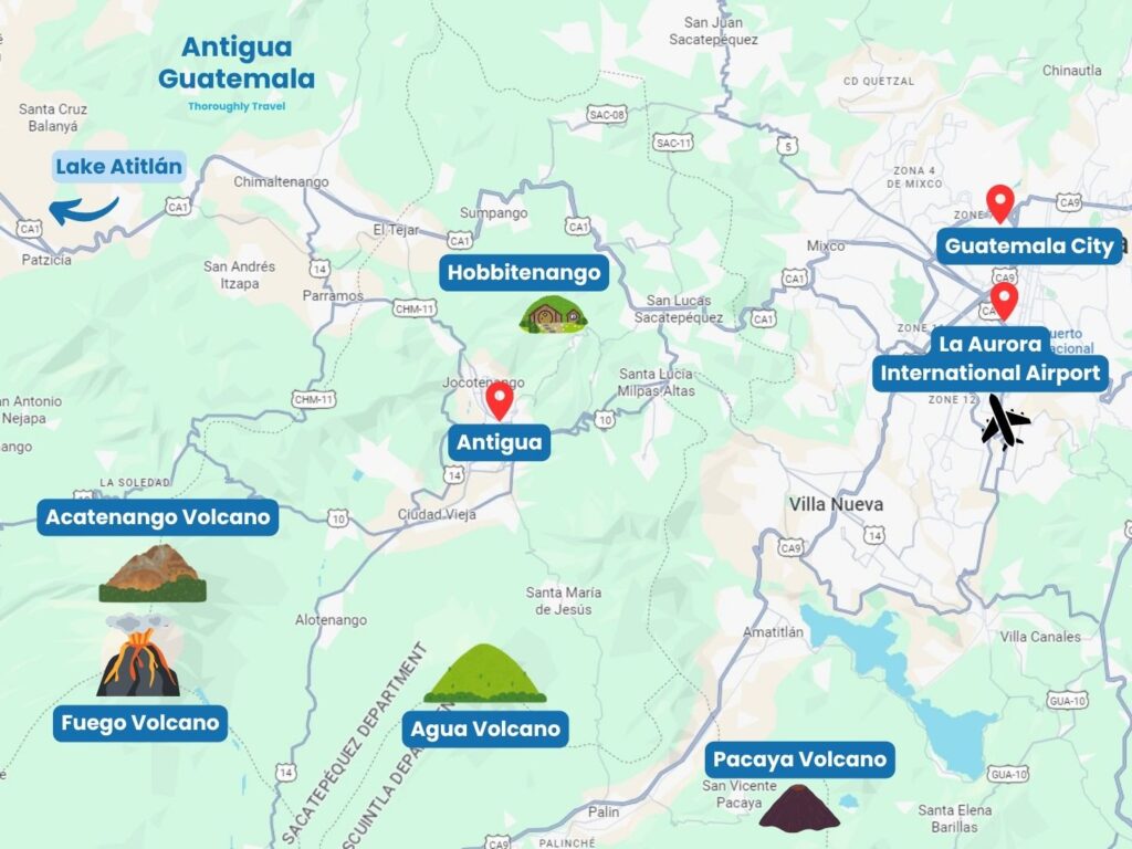 A map of Antigua and Guatemala City, with labels for key attractions, including Hobbitenango, Agua, Pacaya, Acatenango, and Fuego Volcanoes.