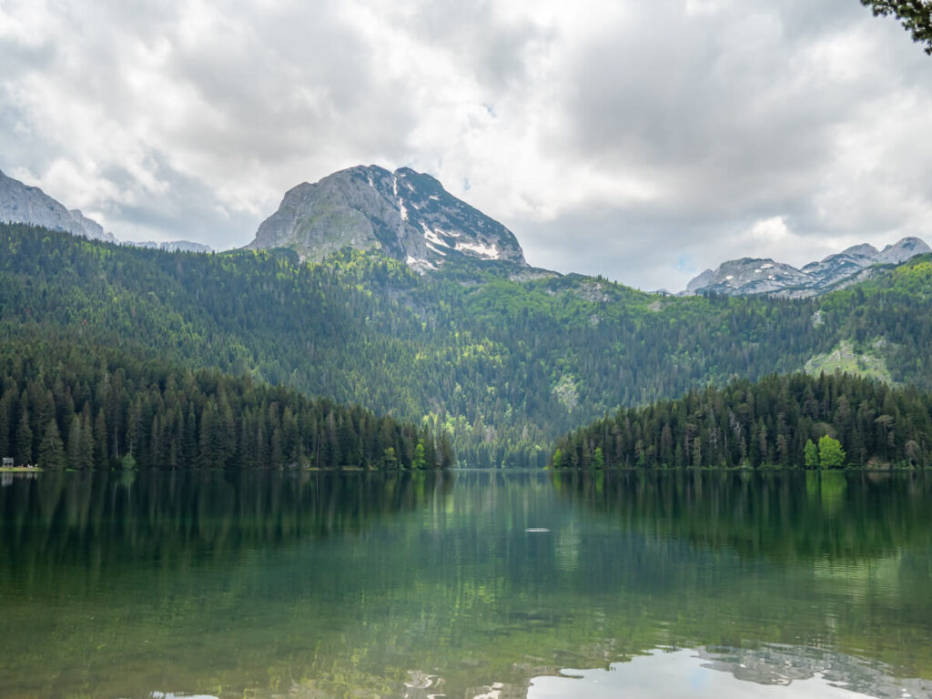 A snowy peak above the Black Lake, surrounded by forest, in Durmitor National Park.