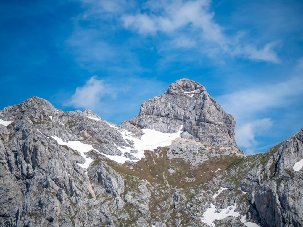 Snow covering the trail on the way up to the peak of Bobotov Kuk.