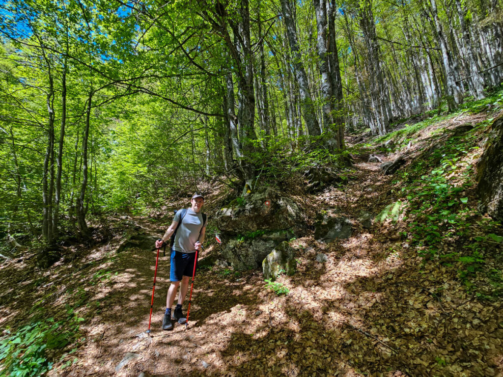 Dan smiling on a forest path on the Three Peaks trail in Prokletije National Park.
