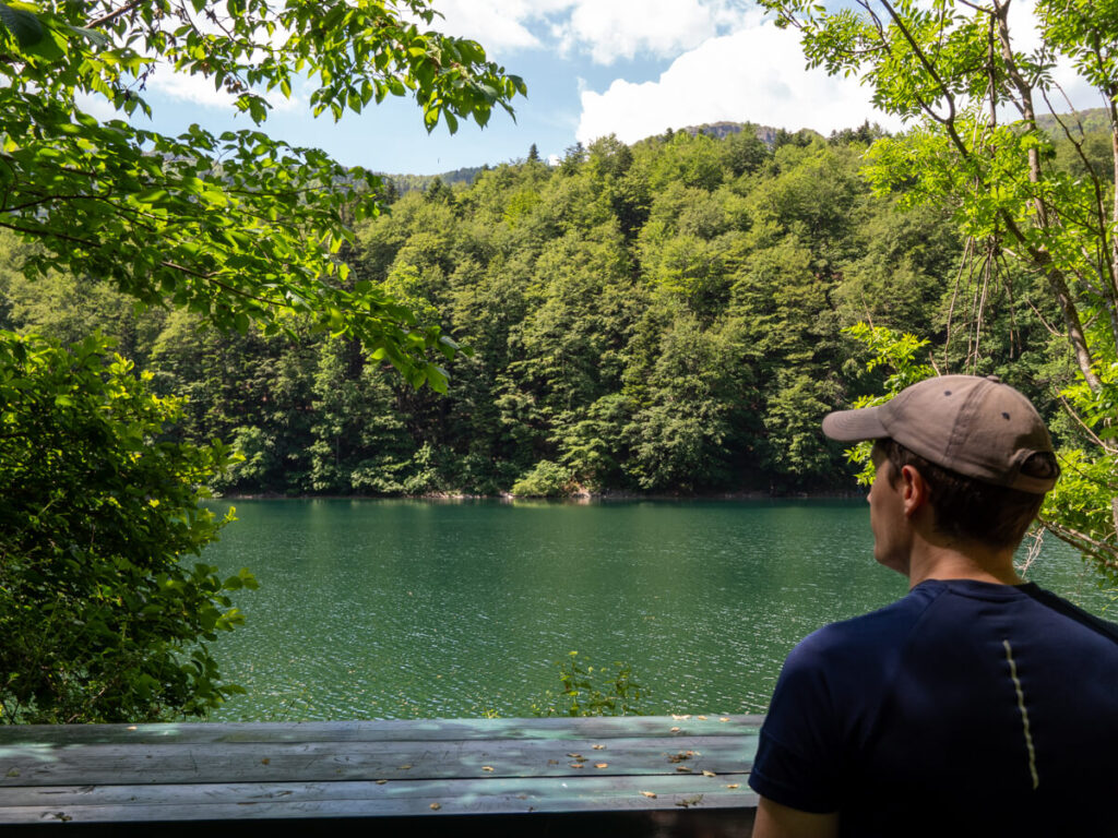 Dan looking out at the emerald Lake Biograd surrounded by trees.