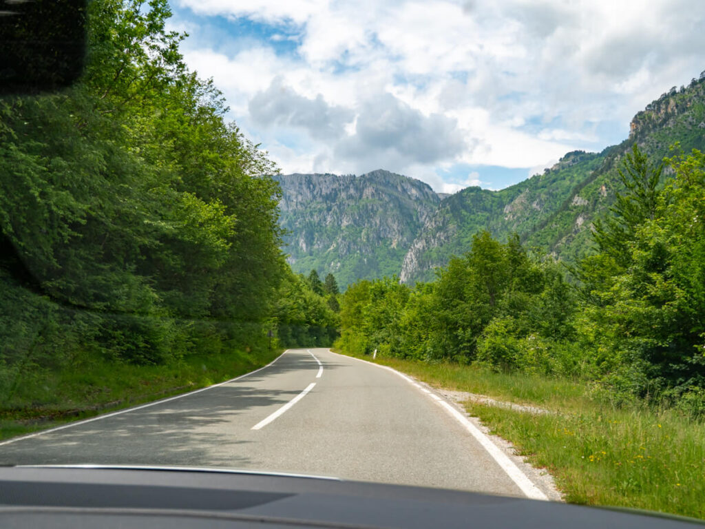 A smooth road in Montenegro leading through forestry to the mountains.