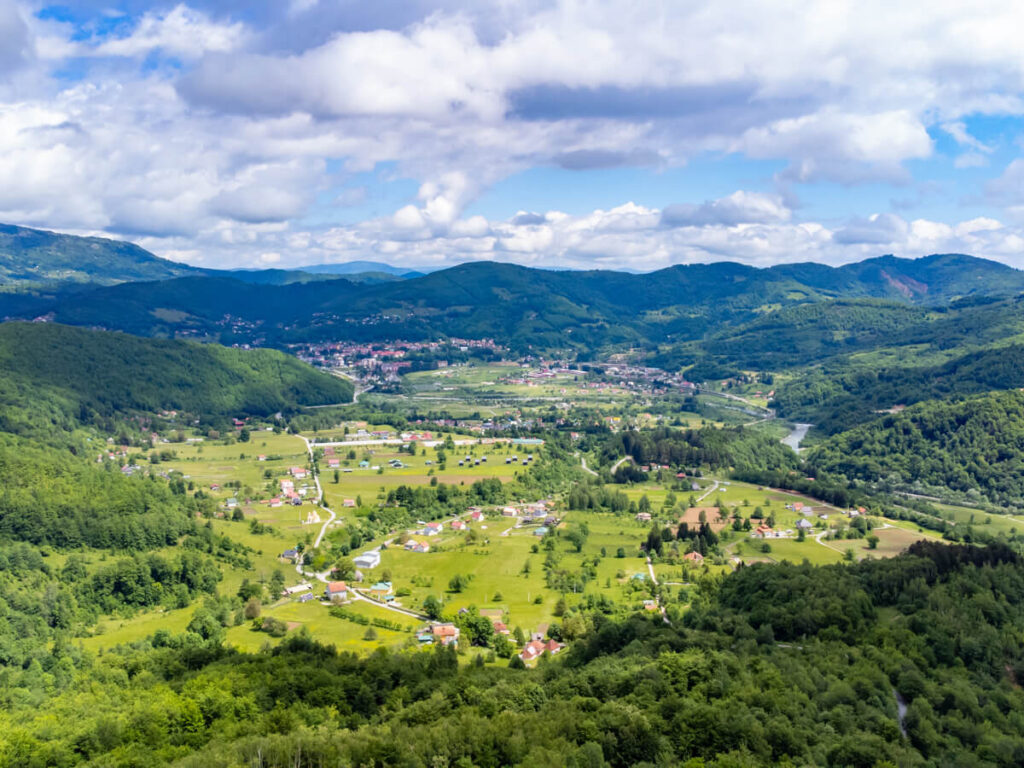 A drone shot of the vast countryside in the mountains near Biogradska Gora National Park.