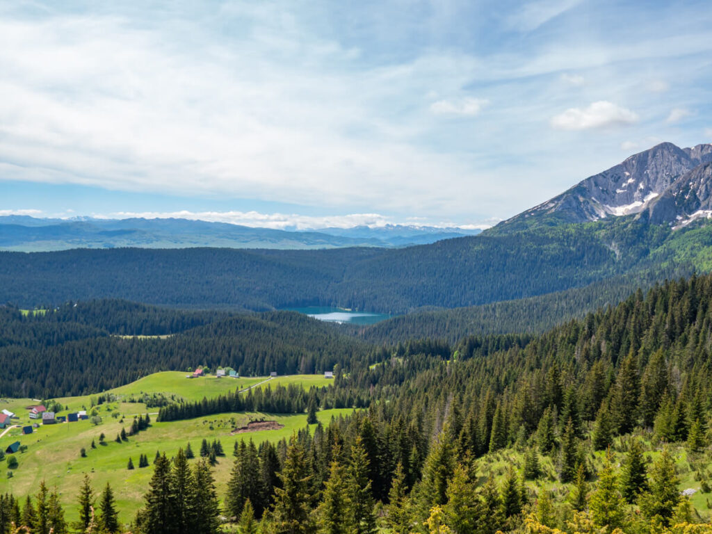 An aerial view of the Black Lake surrounded by forest and dominated by a snowy mountain range in Durmitor National Park.