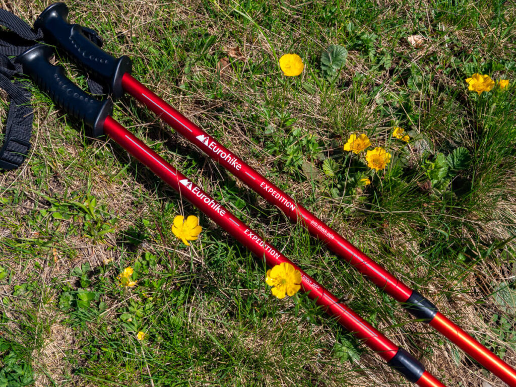 Red Eurohike trekking poles lying on grass among small yellow flowers.