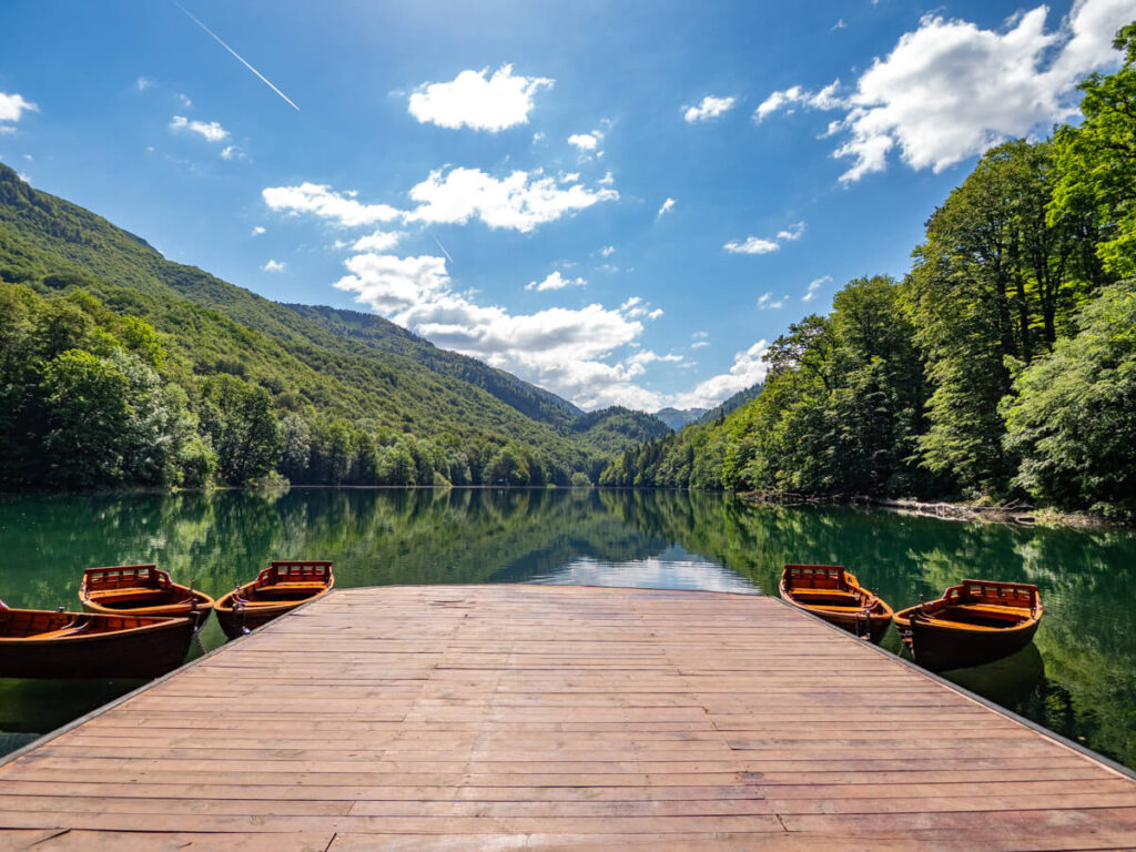 A wooden dock lined with wooden rowboats leading to the vast Lake Biograd lined by forest in Biogradska Gora National Park.