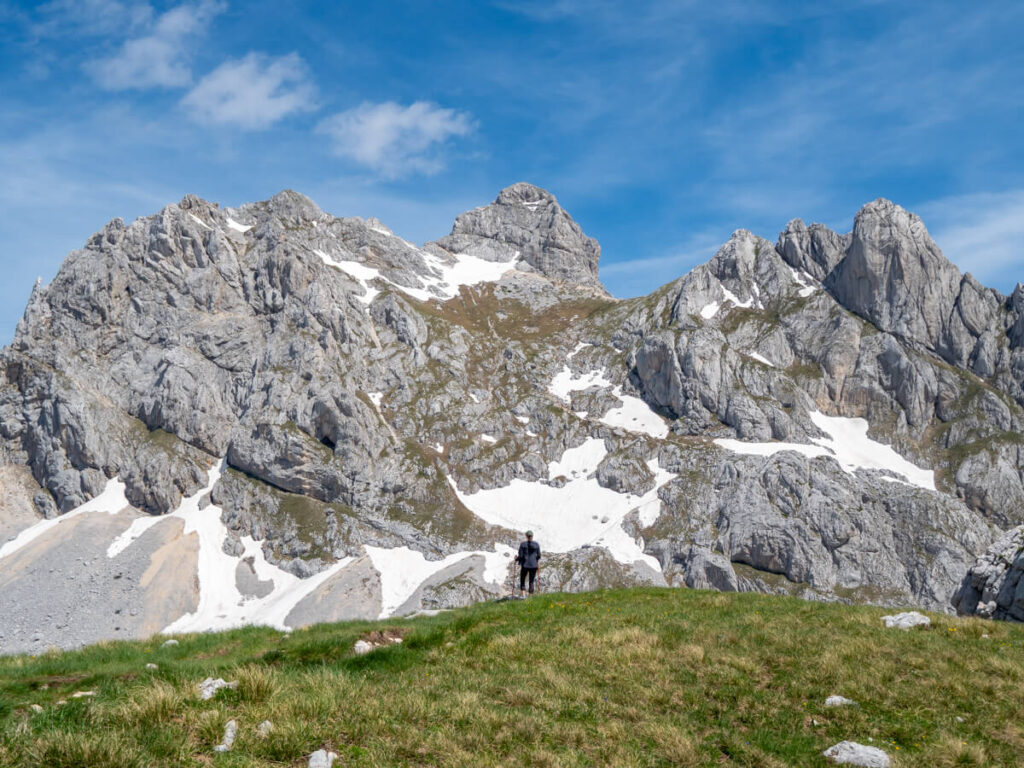 Lucy standing on a grassy ridgeline looking at the snowy Bobotov Kuk summit.