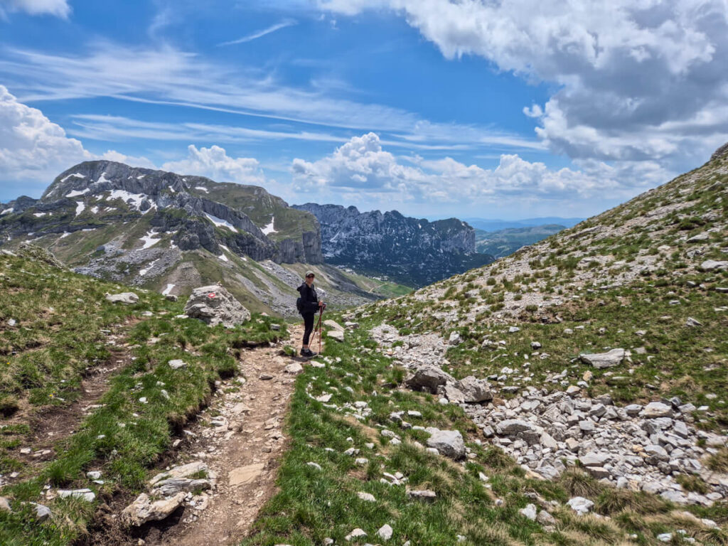 Lucy on a well-established dirt trail in a green valley on the Bobotov Kuk hike.