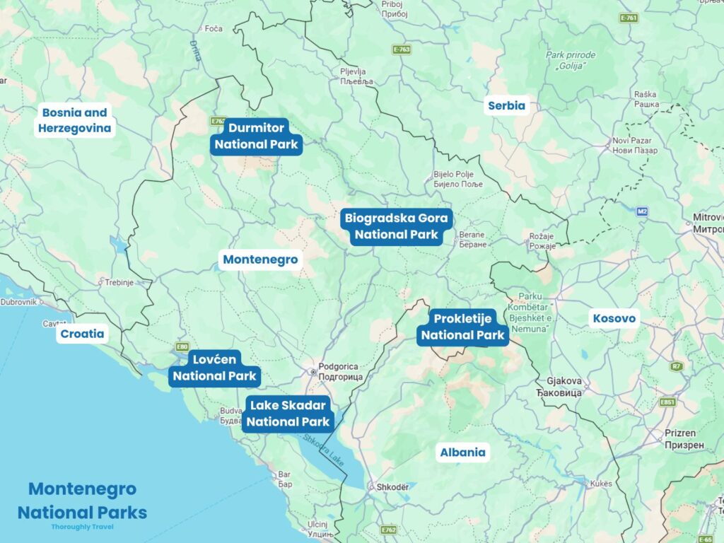 A map with labels highlighting the locations of Montenegro's five National Parks, Durmitor, Biogradska Gora, Prokletije, Lake Skadar, and Lovćen, as well as its neighbouring countries.