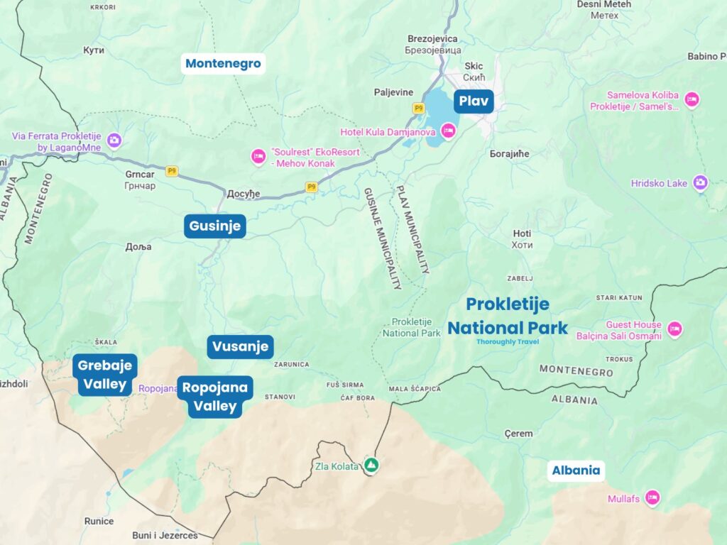 A map of Prokletije National Park with labels highlighting the locations of Plav, Gusine, the Grebaje Valley, Vusanje, and the Ropojana Valley.