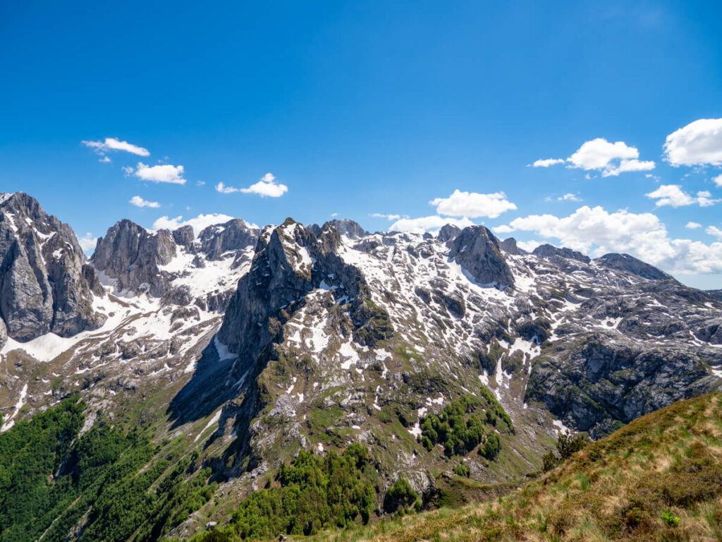 Snowy mountains against a blue sky above a green forest, viewed from the Three Peaks trail in Prokletije National Park.