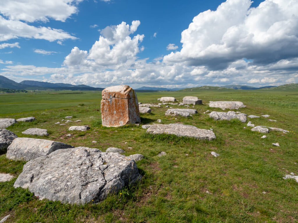 Medieval carved Stećci tombstones scattered over the green countryside near Durmitor National Park.