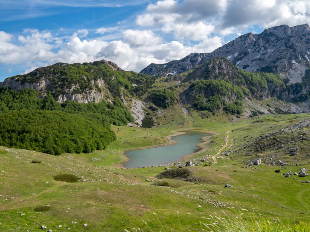 The blue Suva Lokva Lake in a green valley in Durmitor National Park.