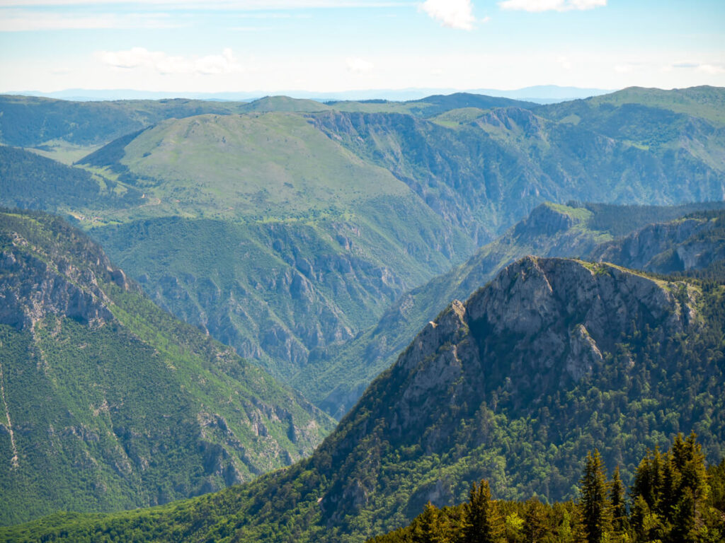 Layers of mountains lining the deep gorge of the Tara River Canyon.