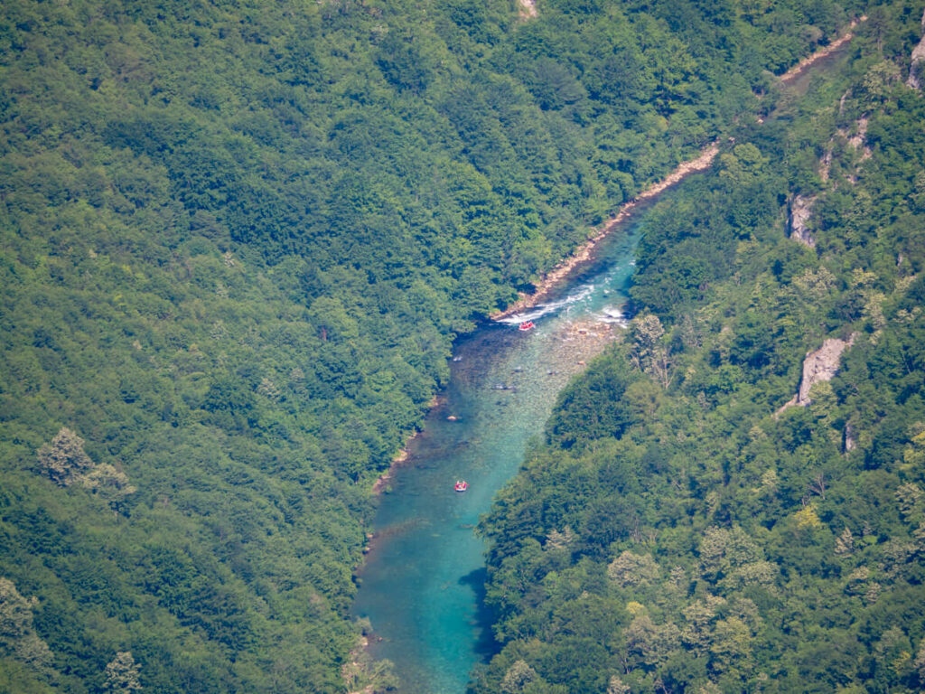 Tiny red rafts floating down the turquoise Tara River in Durmitor National Park, viewed from above.