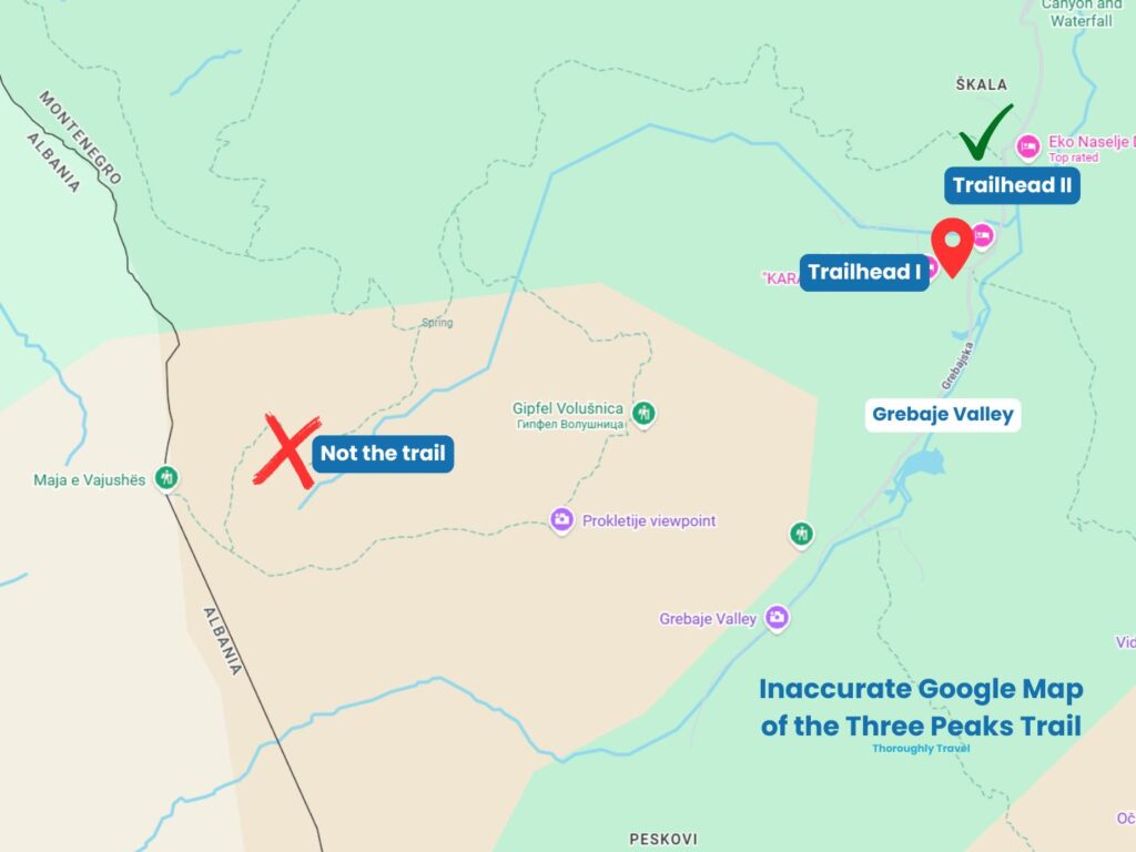 A map of the Grebaje Valley with labels highlighting the two trailheads for the Three Peaks hike and a cros indicating where the path on Google Maps is incorrect.