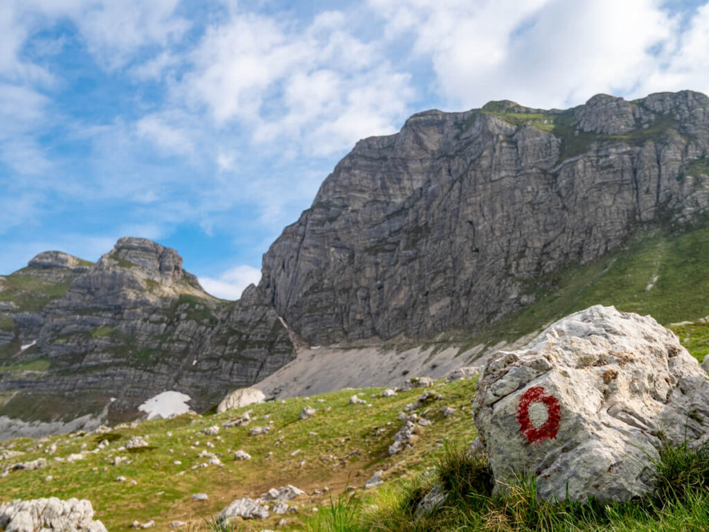 A red and white painted circle indicating the way to Bobotov Kuk on the hiking trial.