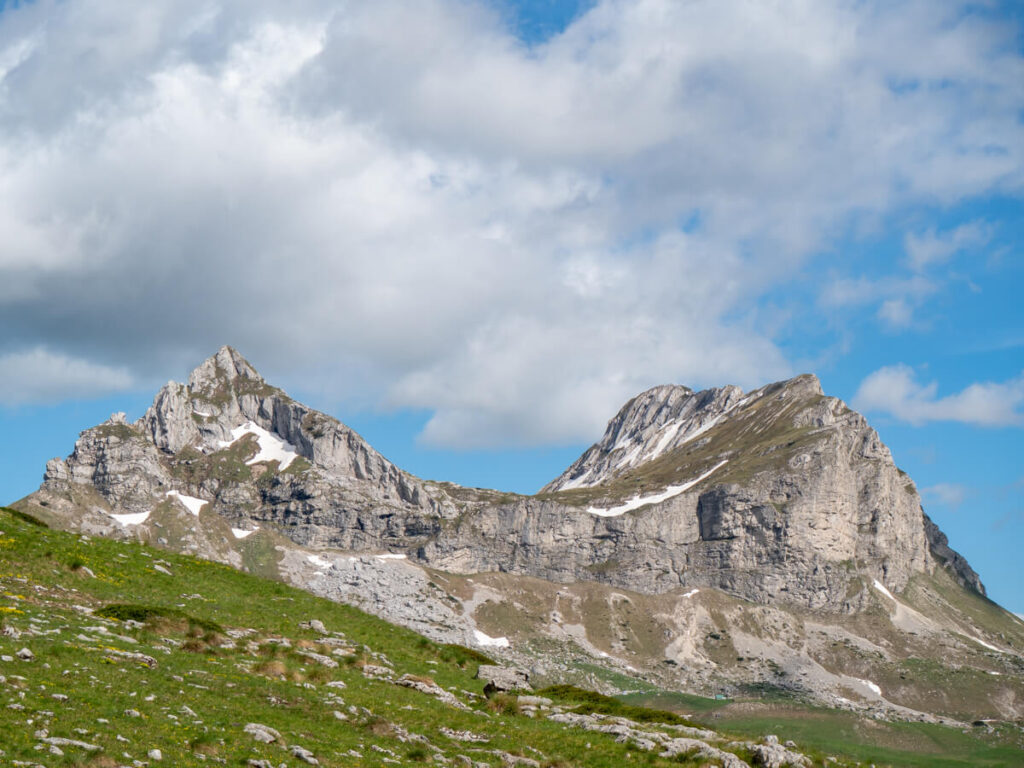 The twin limestone peaks of Sedlena Greda in Durmitor National Park.