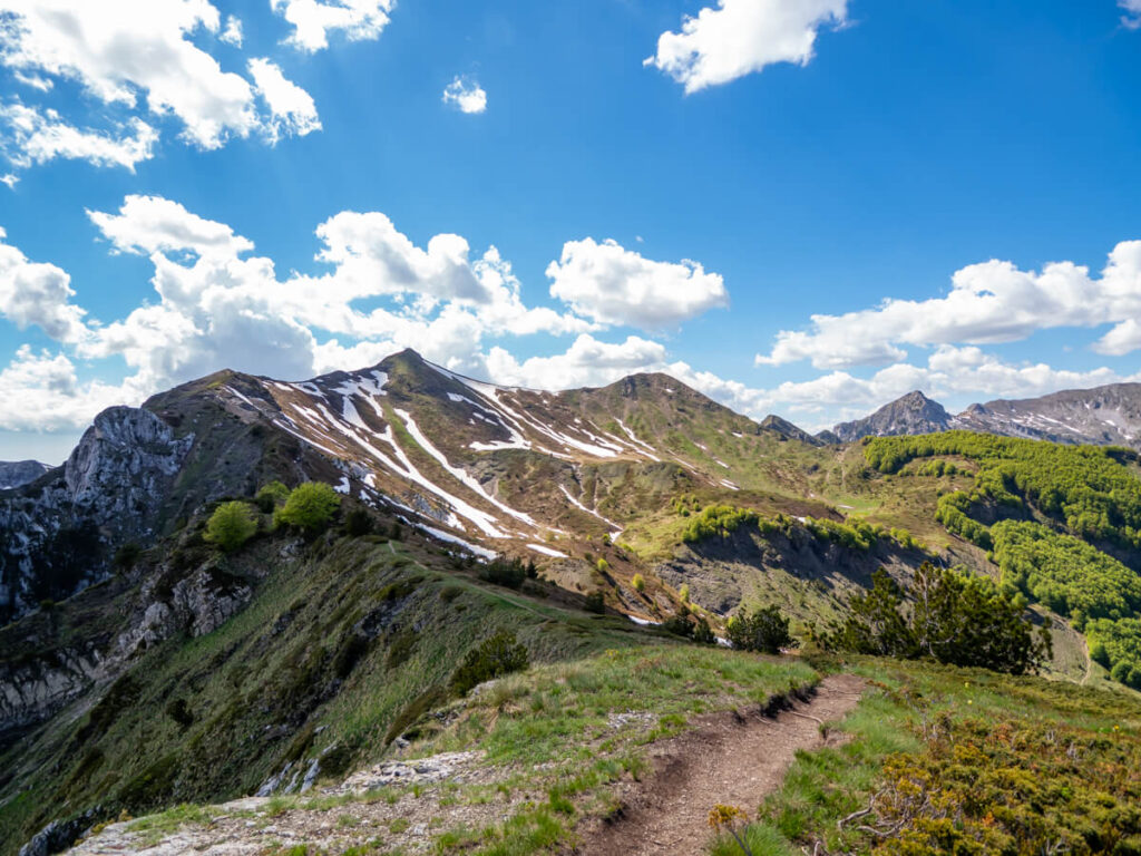 A dirt trail leading back to the peaks of Talijanka and Popadija on the on the Three Peaks loop in Prokletije National Park.
