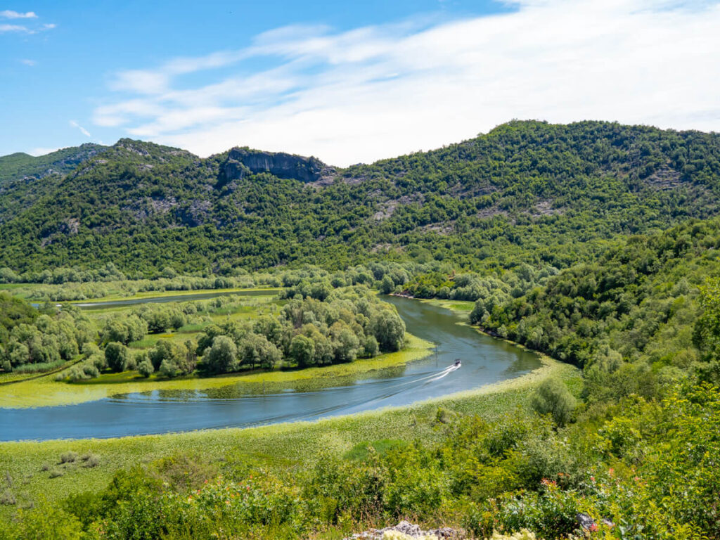 A boat on a sharp riverbend on River Rijeka Crnojevica.