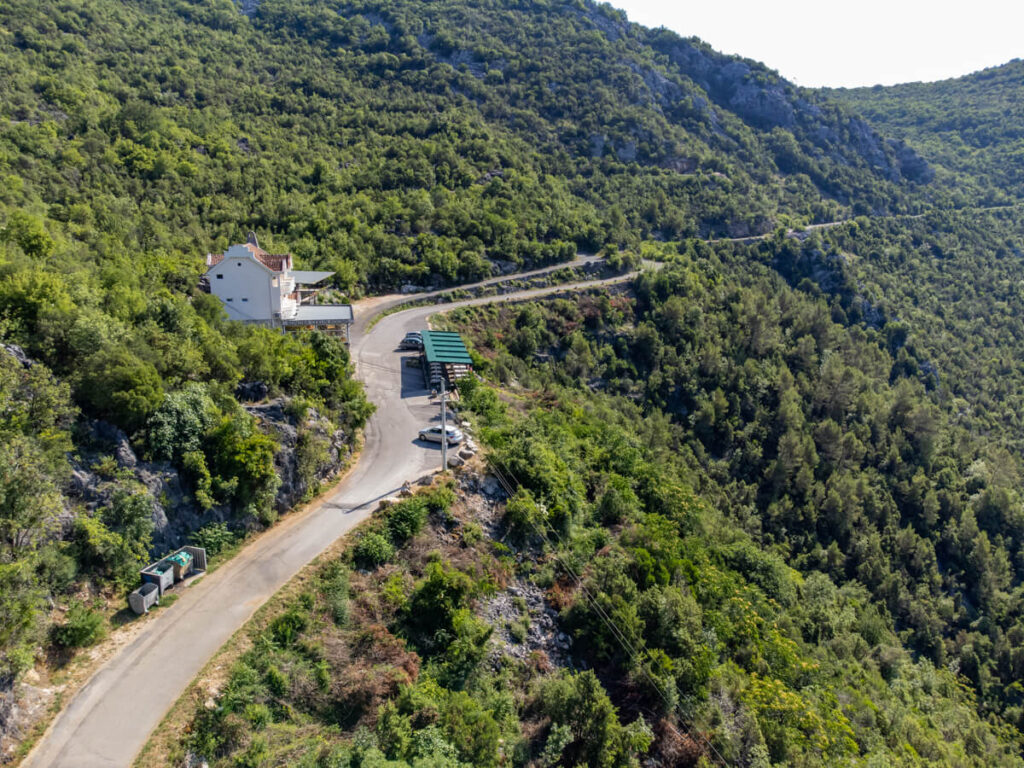 The famous Pavlova Strana viewpoint and Konoba Ceklin restaurant, viewed from a drone.