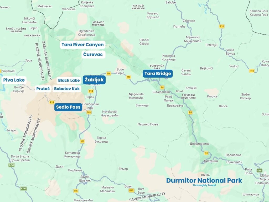 A map of Durmitor National Park with labels highlighting the locations of Žabljak, Sedlo Pass, the Tara Bridge, the Black Lake, Bobotov Kuk, Prutaš, Ćurevac, the Tara River Canyon, and Piva Lake.