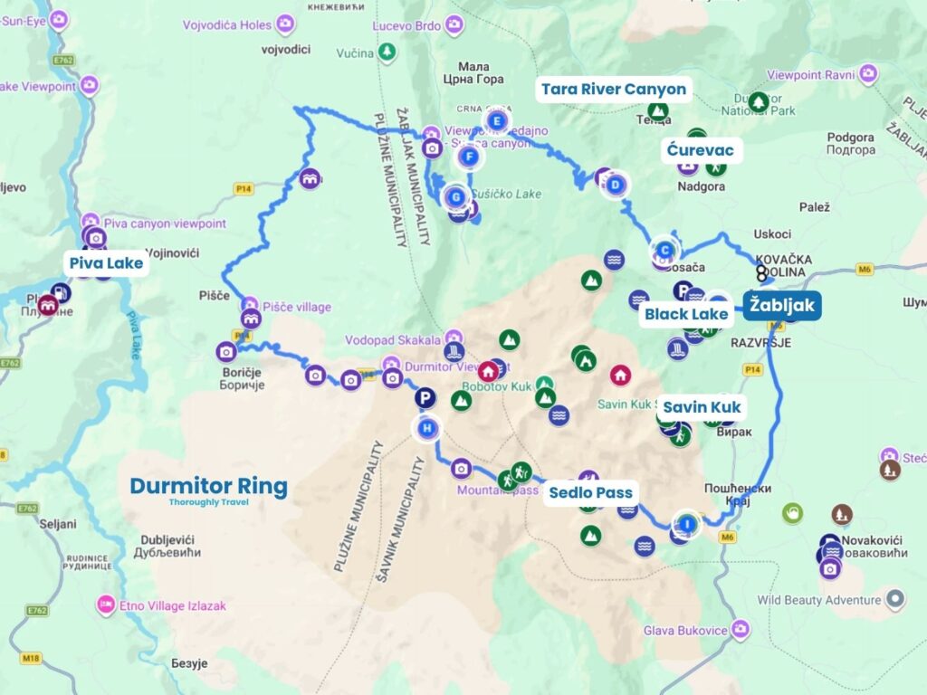 A map of the Durmitor Ring with a blue circular route through the national park, multi-coloured pins highlighting attractions, and labels indicating Žabljak, the Black Lake, Ćurevac, the Tara River Canyon, Sedlo Pass, and Savin Kuk.