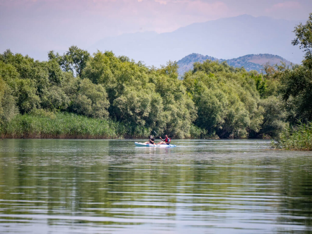 A couple on a tandem kayak on a river lined with trees near Lake Skadar.