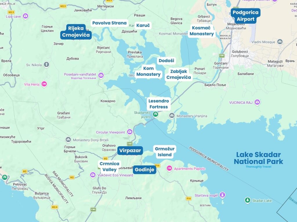 A map of Lake Skadar National Park with labels highlighting Virpazar, Godinje, the Crmnica Valley, Rijeka Crnojevića, and Podgorica Airport, as well highlights you can see on a boat tour, from Kom Monastery and Lesendro to Pavlova Strana.