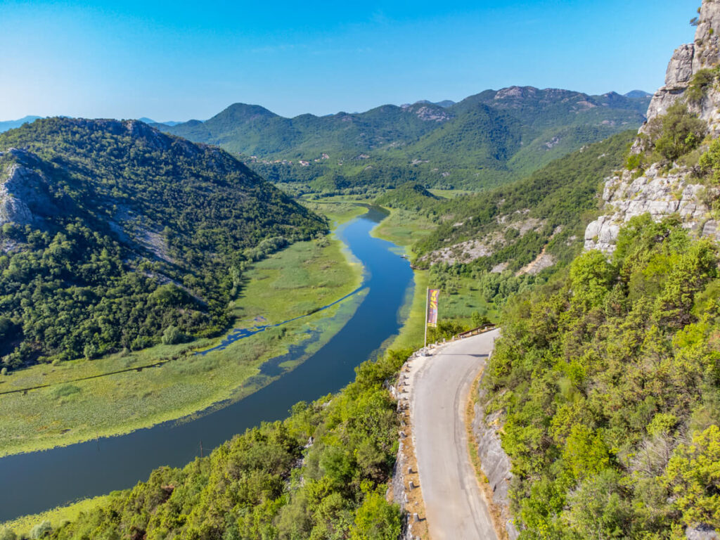 A winding road and the river below, viewed from Pavlova Strana Viewpoint.