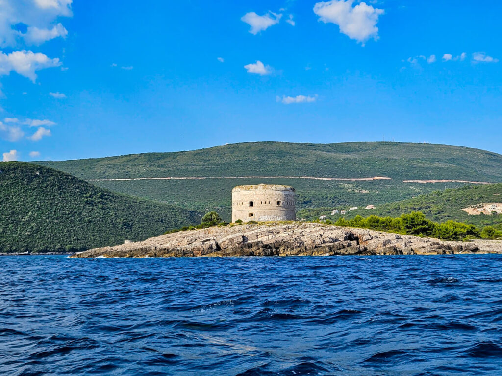 The circular Azra Fortress on the edge of the Luštica Peninsula.