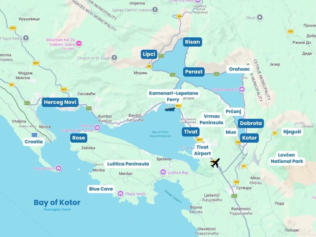 A map of the Bay of Kotor with labels highlighting the locations of towns on the bay, including Herceg Novi, Lipci, Risan, Perast, Dobrota, Kotor, Tivat, and Rose, as well as labels highlighting key attractions and locations, including the Blue Cave, Orahoac, Njegusi, Lovcen National Park, Muo, Prcanj, the Vrmac Peninsula, the Lustica Peninsula, the Kamenari-Lepetane Ferry, and the border with Croatia,