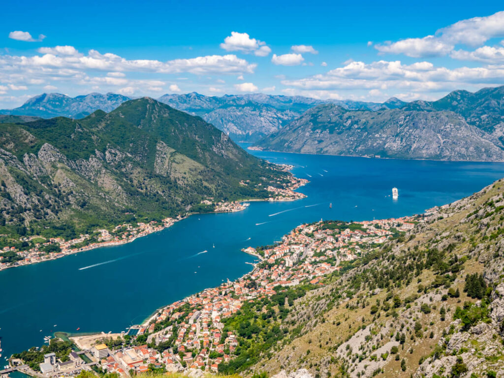 Kotor Bay as seen from the top of the Ladder of Kotor hike on a sunny day.