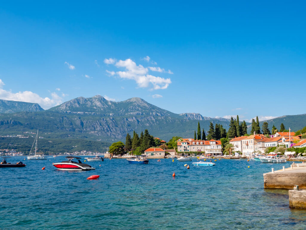 Stone houses on the waterfront in the small town of Rose in the Luštica Peninsula.
