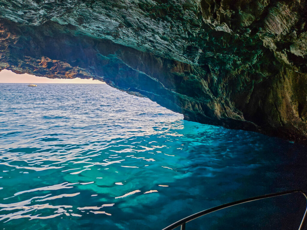 Sparkly blue water under the entrance to the Blue Cave in Montenegro.