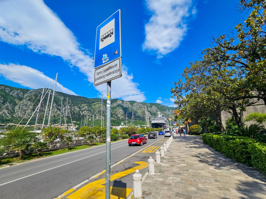 A sign for a bus stop in Kotor where the bus to Perast stops.