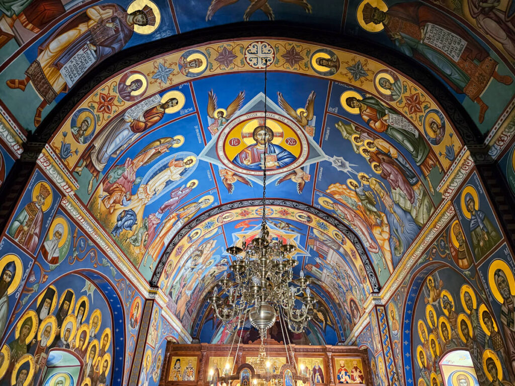 The vibrantly painted ceiling of the Church of the Holy Martyr Stanko.