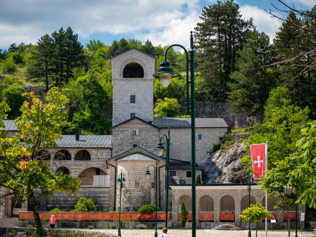 The monastery in Cetinje standing tall against greenery.