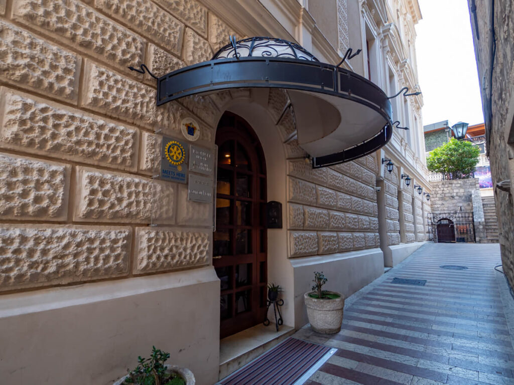 The lavish front entrance to Historic Boutique Hotel Cattaro in Kotor's Old town.