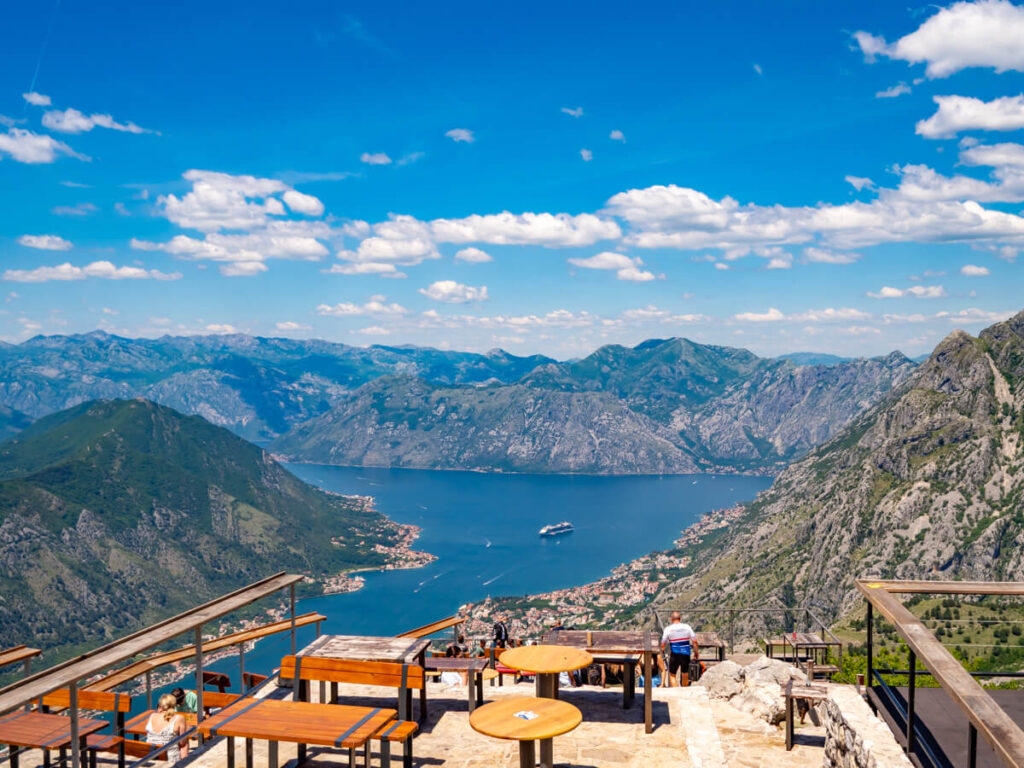 Tables overlooking the Bay of Kotor at the Horizont Bar at the top of the Serpentine road.