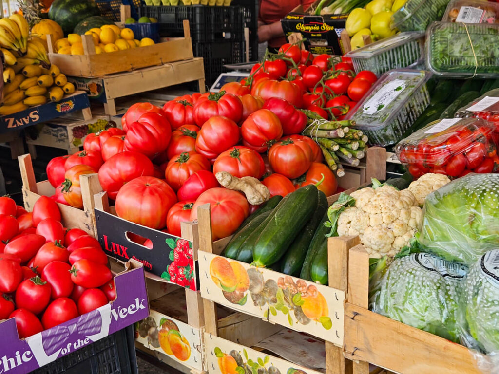 Fruits and vegetables in a stall in Kotor Food Market.
