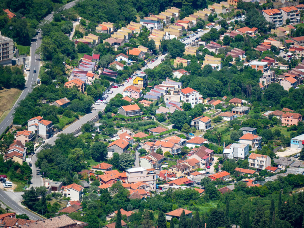 Red-rooved houses in Kotor, viewed from above.