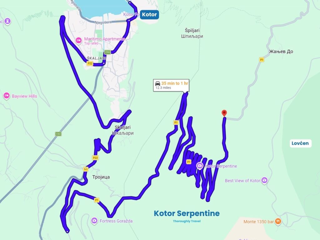 A map of the Kotor Serpentine showing the route from Kotor with its many hairpin bends.