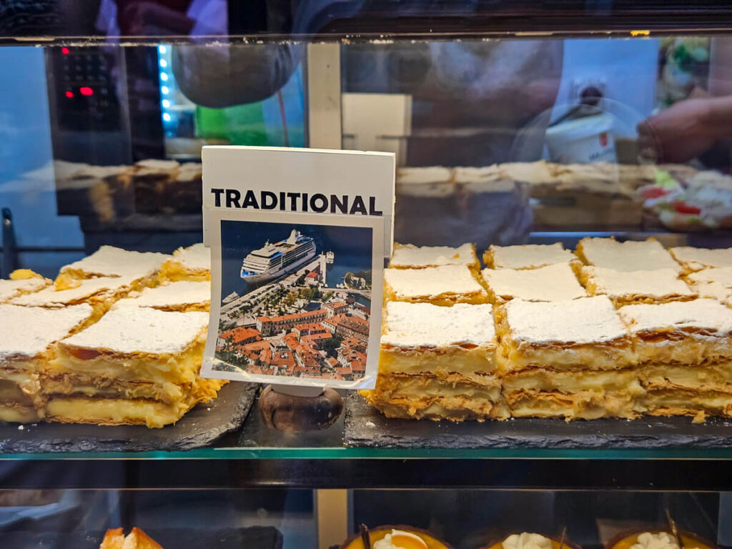 A display of traditional krempita cake, famous in Montenegro.
