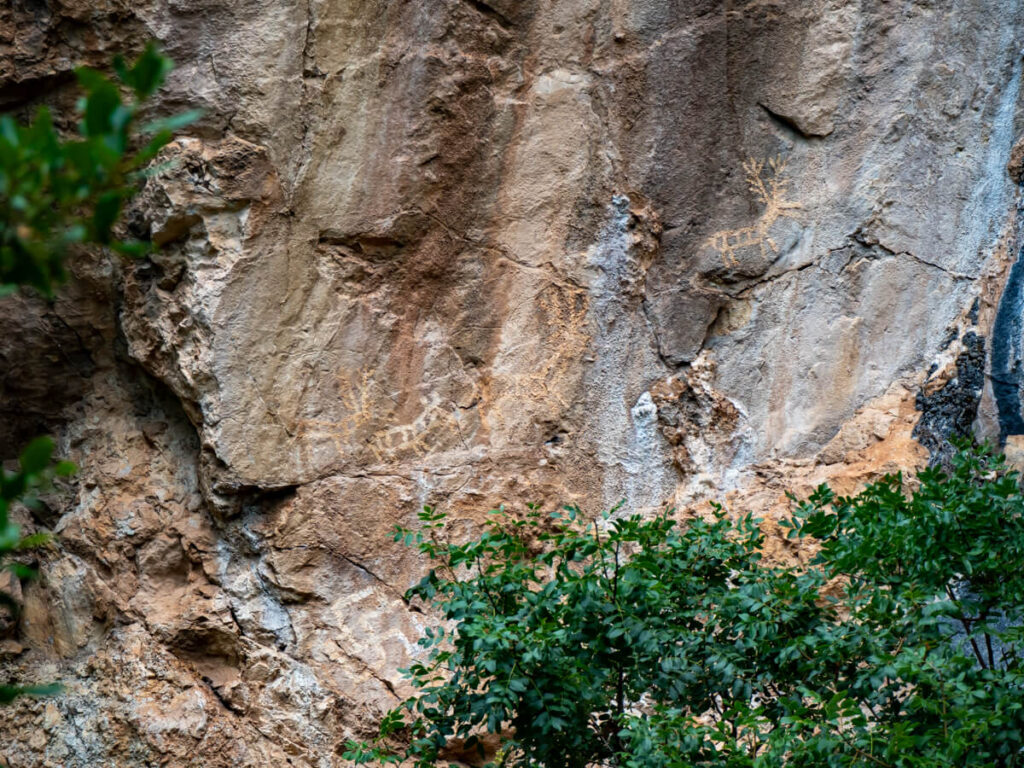 Carved figures of deer and people on a cliff above foliage near Lipci.