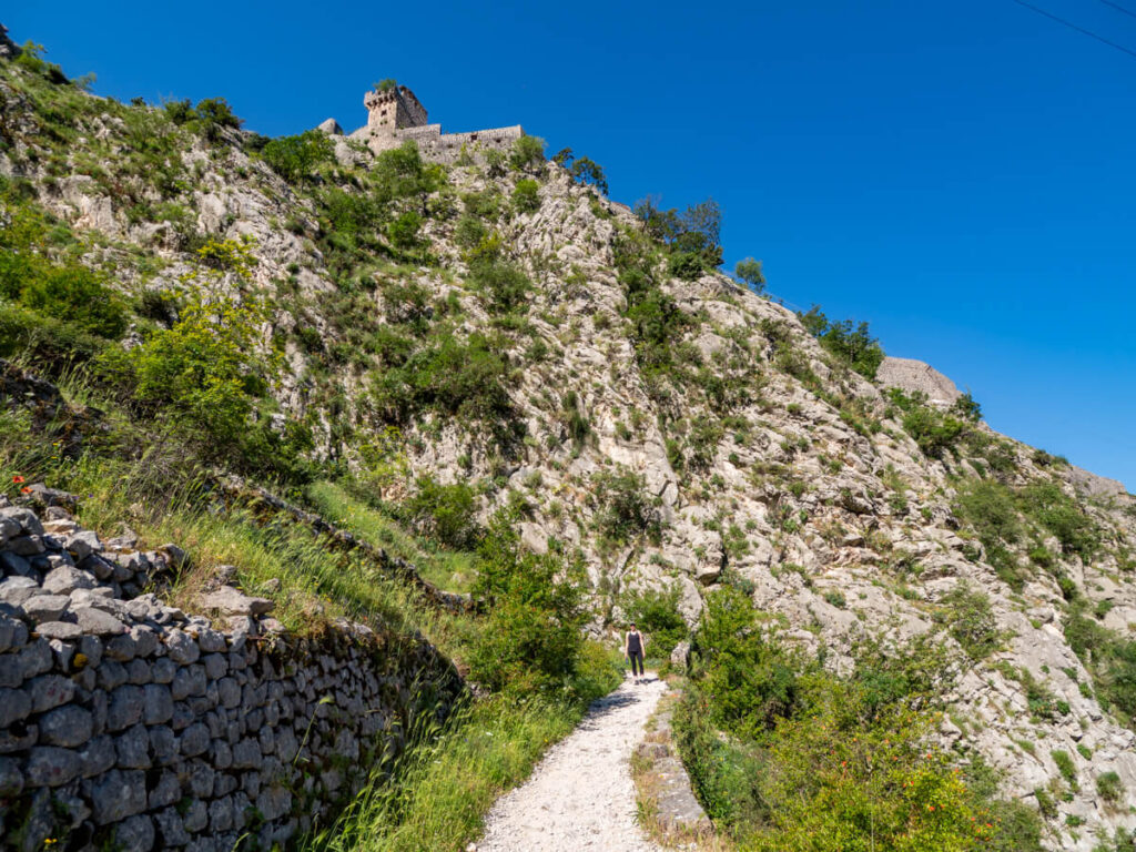 Lucy on the Ladder of Kotor trail dominated by the huge hilltop Kotor Fortress.