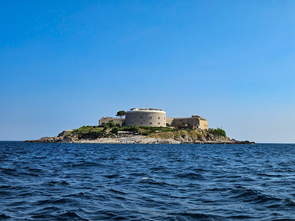 The round fortress of Mamula Island off the coast of the Luštica Peninsula.