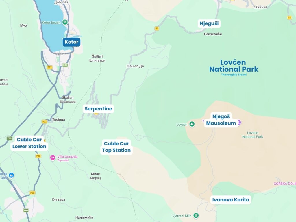 A map of Lovćen National Park, with labels highlighting the location of Kotor, the cable car stations, the Serpentine, and the Njegos Mausoleum.