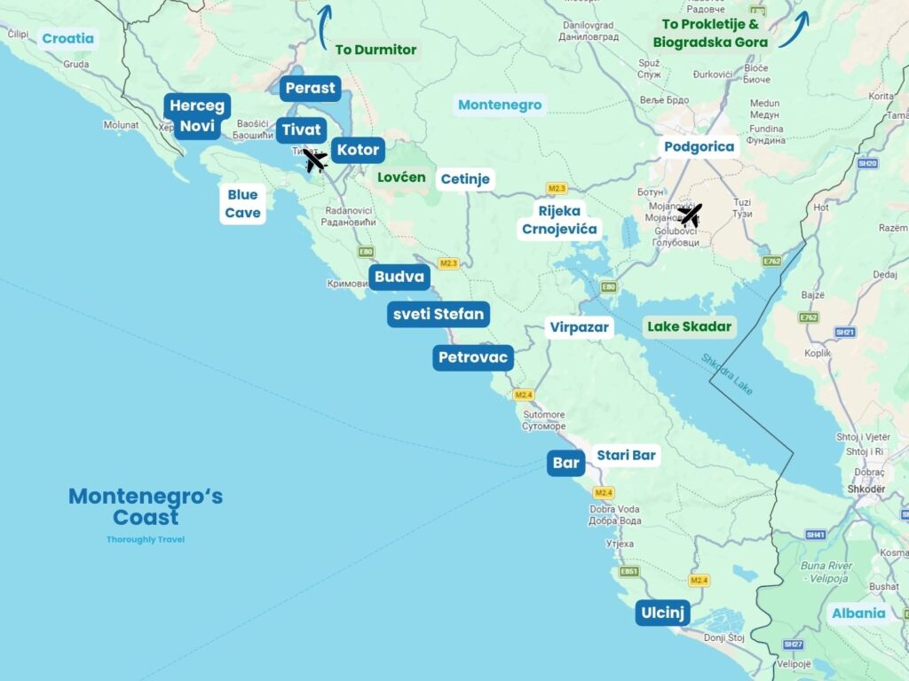 A map of Montenegro's coastline with labels highlighting key locations, including Herceg Novi, Perast, Tivat, Kotor, Budva, Sveti Stefan, Petrovac, Bar, Stari Bar, Ulcinj, Virpazar, Rijeka Crnojevica, Centinje, Podgorica, and the Blue Cave.