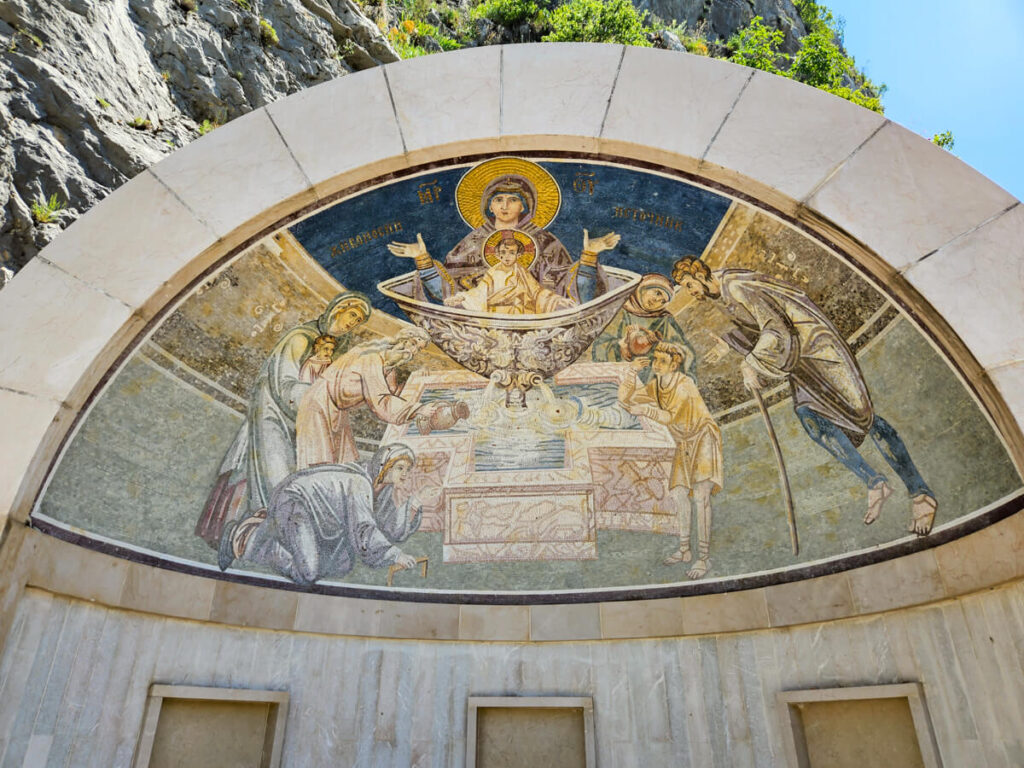 A religious mosaic in an arch at Ostrog Monastery.
